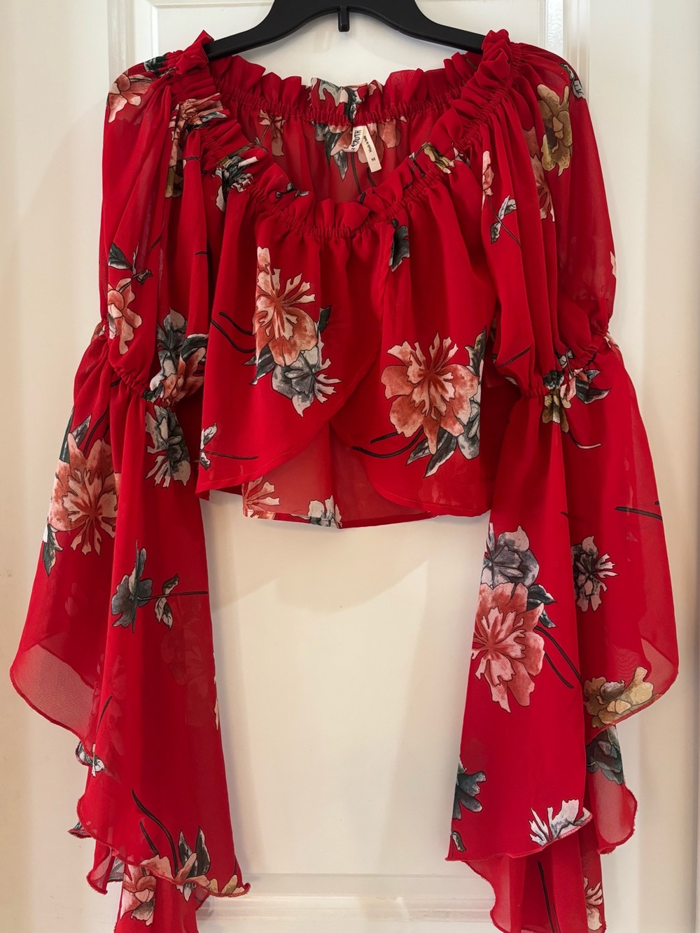 Live 4 Truth Red Floral Off The Shoulder Crop Top with Bell Sleeves Size M